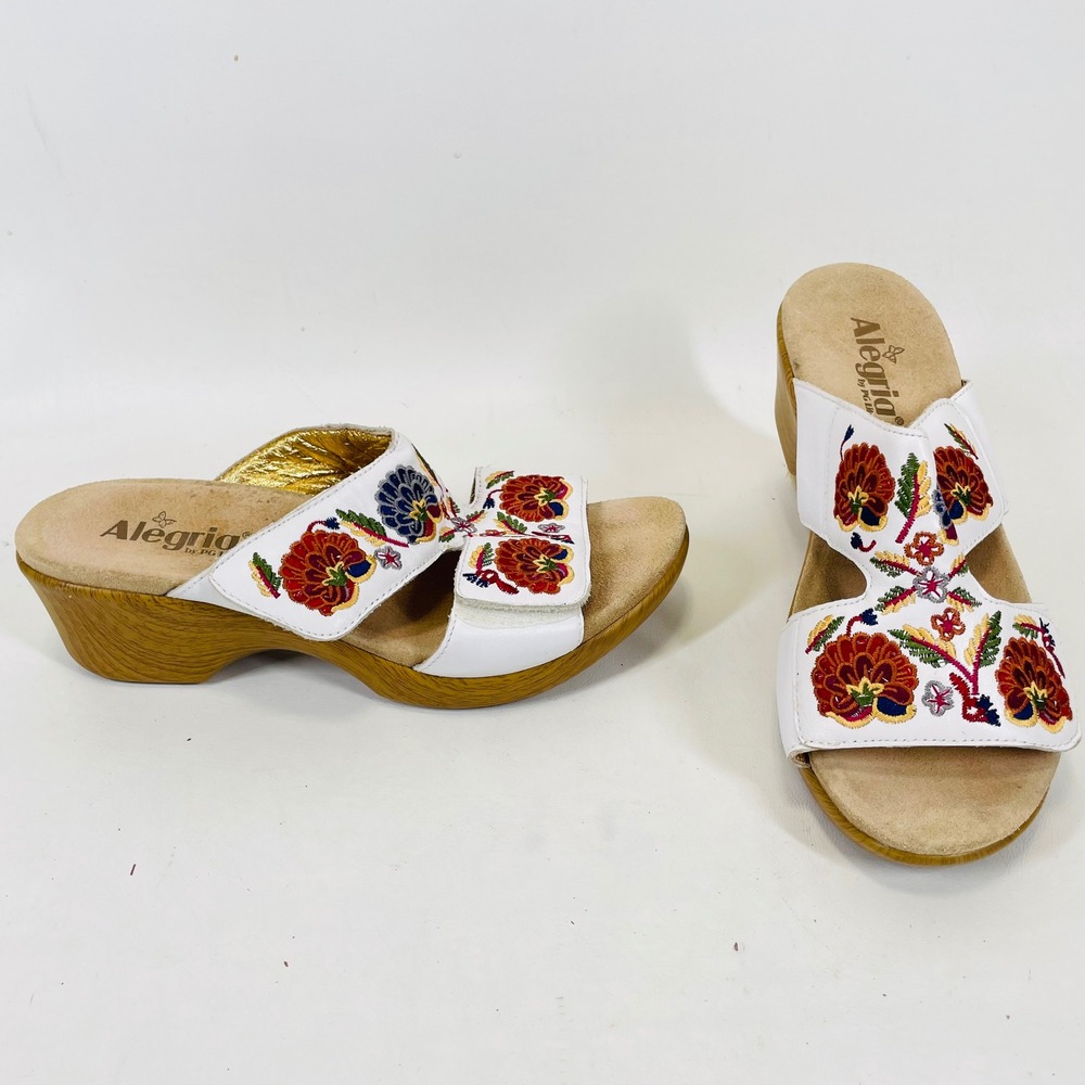 Alegria by PG Lite LIN-600N White Floral Embroidered Leather Wedge Sandals 41